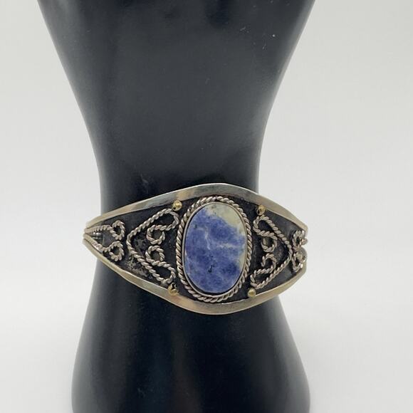 Vintage Alpaca Silver Sodalite Ring & Bracelet Set Adjustable Boho Southwestern - Picture 3 of 11